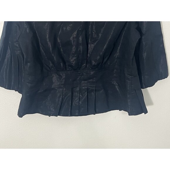 Randy Kemper Button Down Shiny Black Linen Blend Blouse Size 12 - Picture 9 of 15